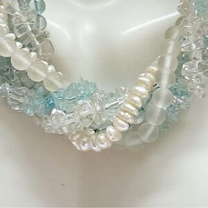Lovely Aquamarine Pearl Topaz Quartz 5 Strand Torsade Necklace
